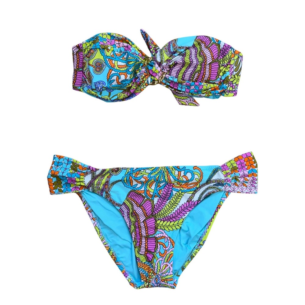 Vintage‎ Y2K Multicolored Psychedelic Paisley Bandeau Bikini Set Two Piece S